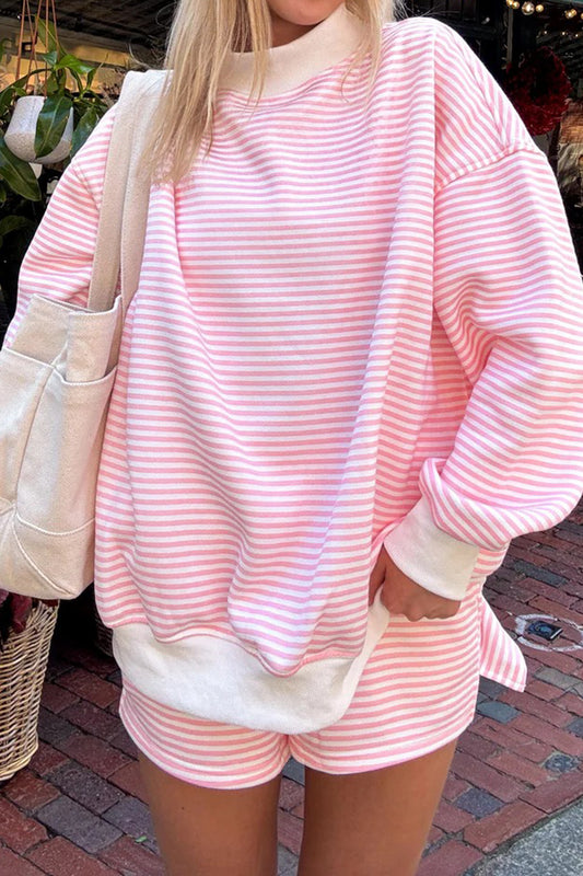 Light Pink Stripe Oversize Mock Neck Sweatshirt and Shorts Set