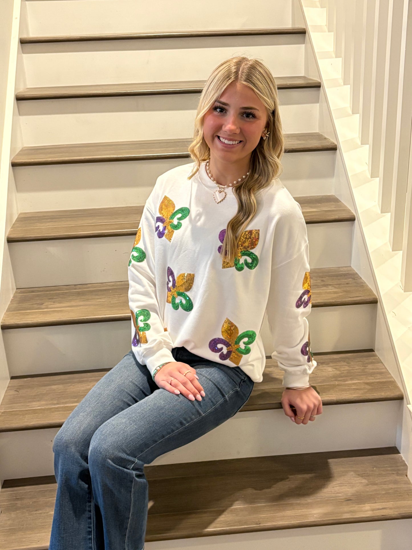 White Sequin Mardi Gras Sweatshirt