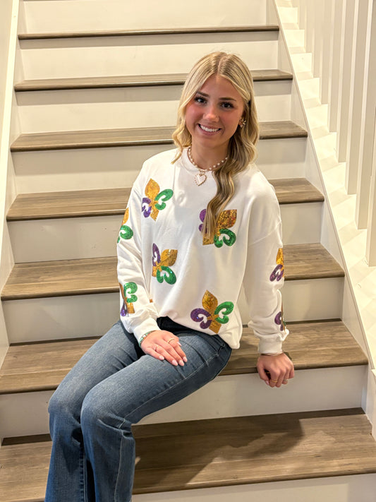 White Sequin Mardi Gras Sweatshirt