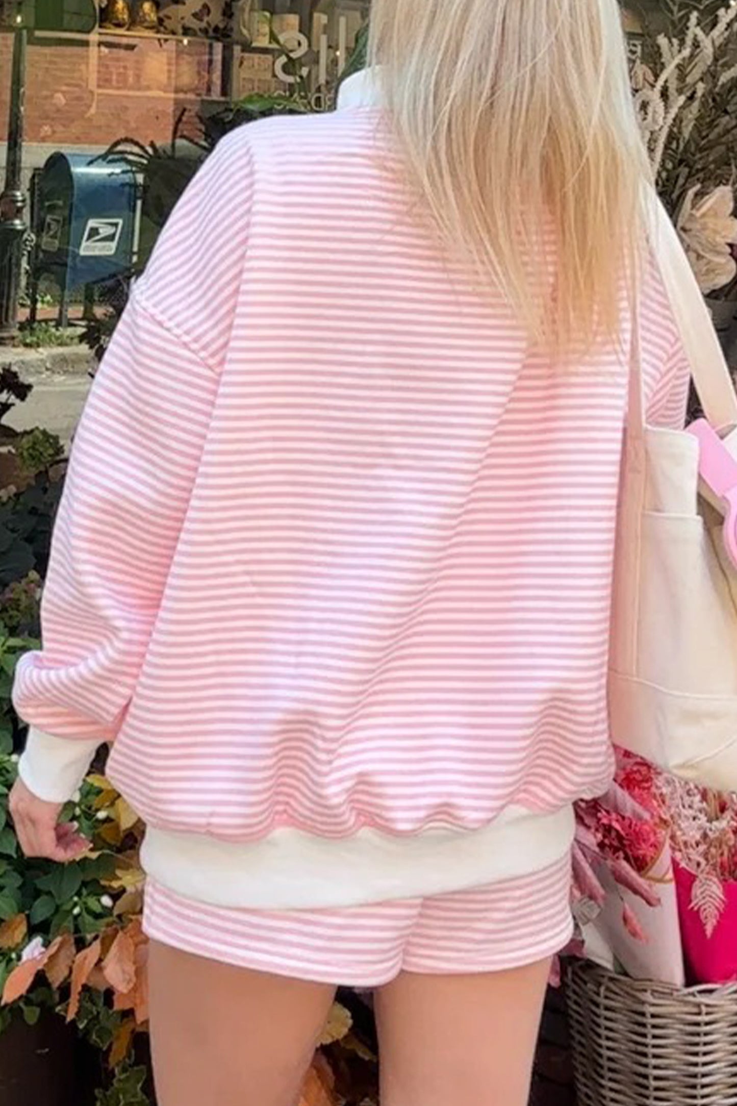 Light Pink Stripe Oversize Mock Neck Sweatshirt and Shorts Set