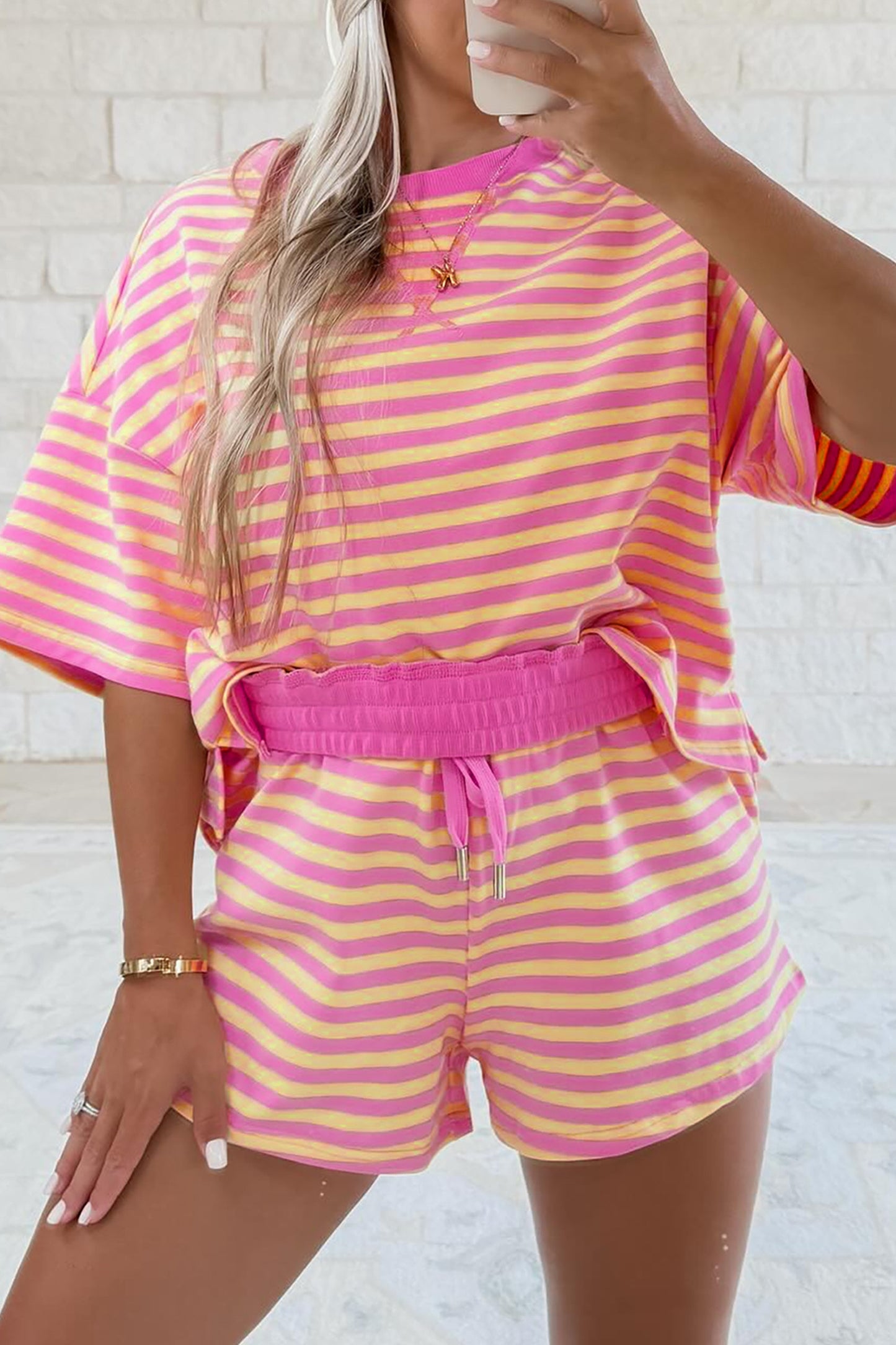 Pink Stripe Drop Shoulder Boxy Casual Terry Short Set