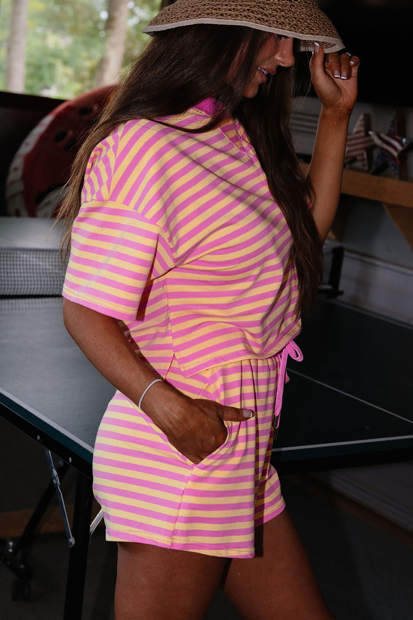 Pink Stripe Drop Shoulder Boxy Casual Terry Short Set