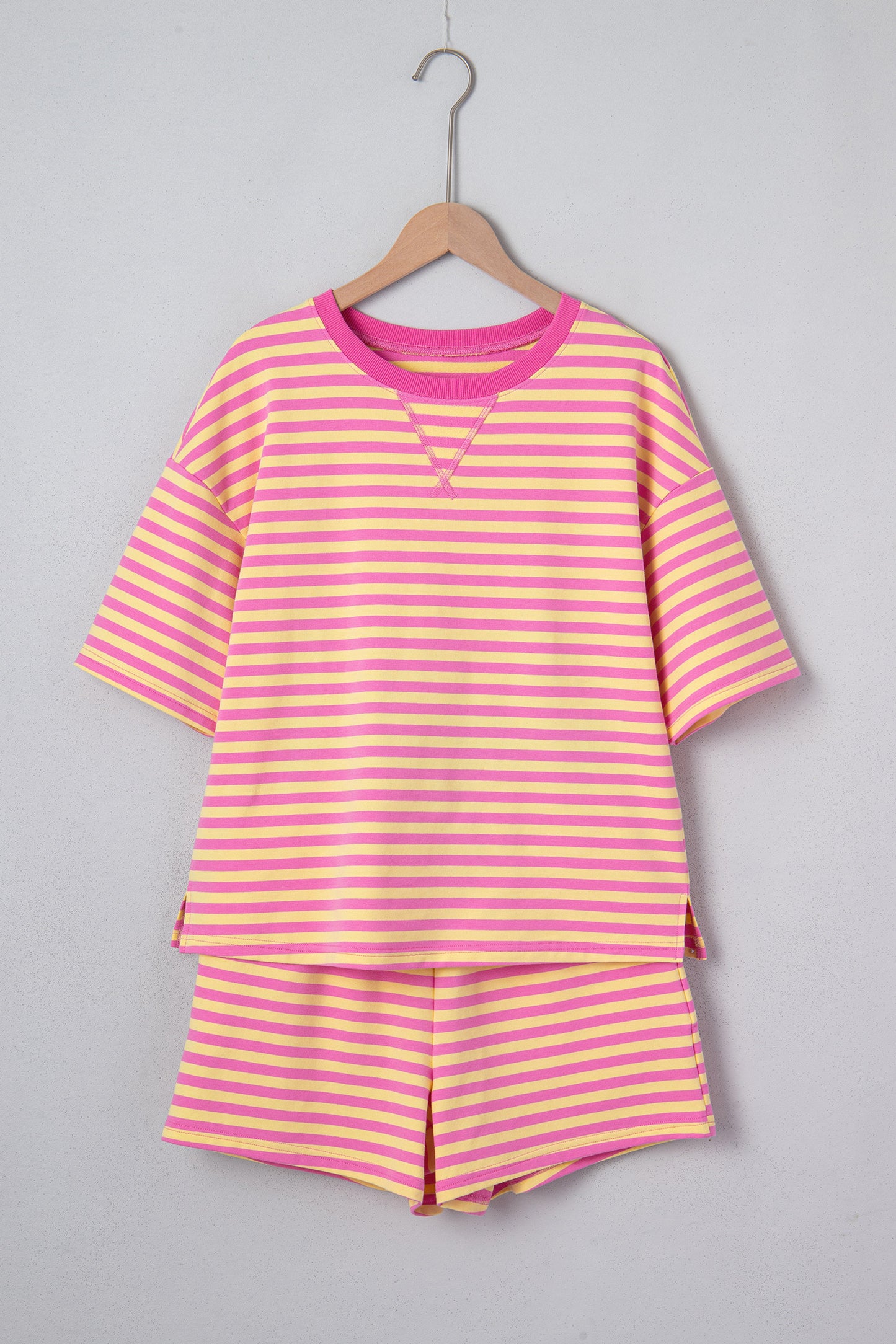 Pink Stripe Drop Shoulder Boxy Casual Terry Short Set