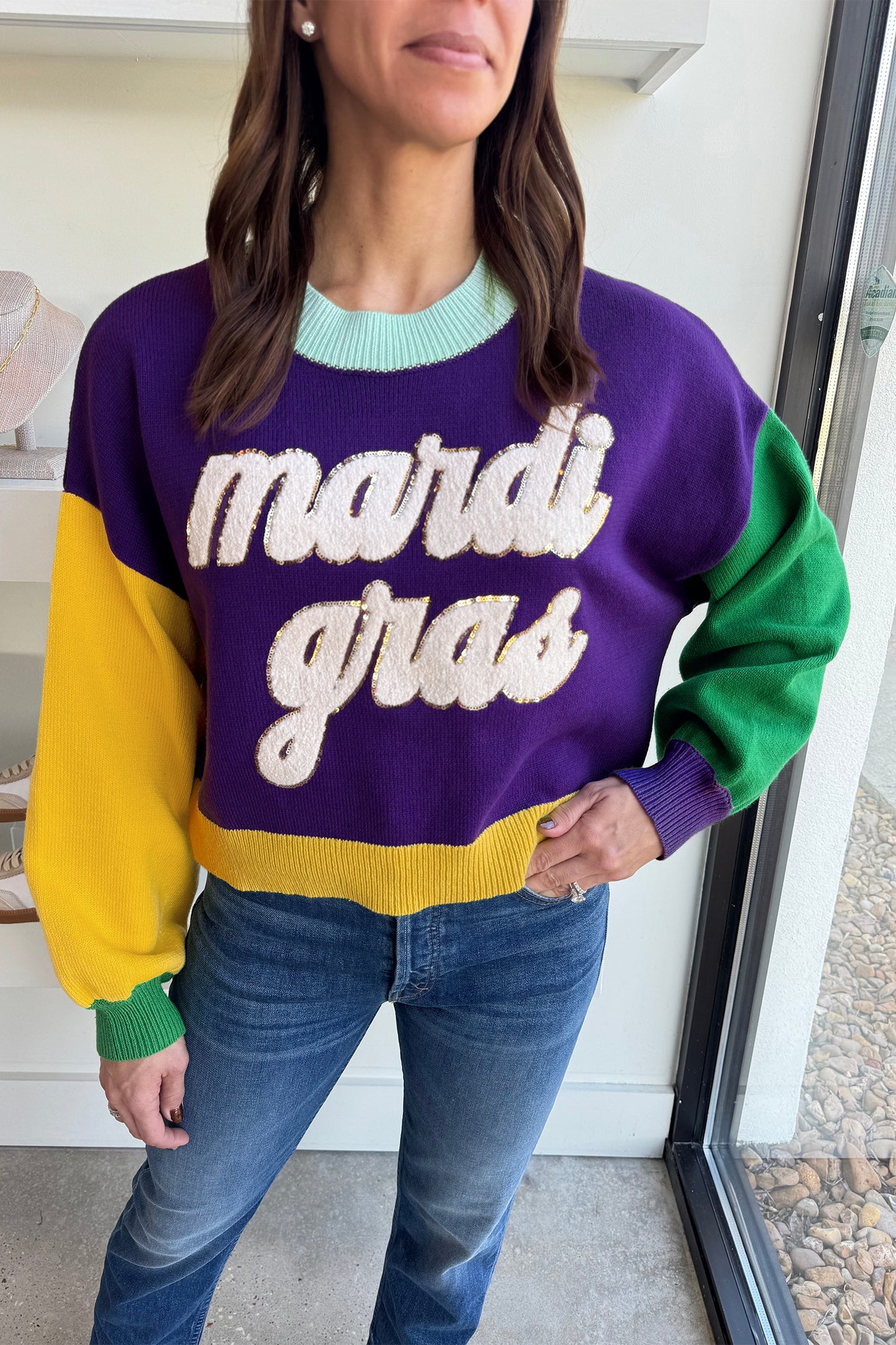 Purple Colorblock Mardi Gras Sweater