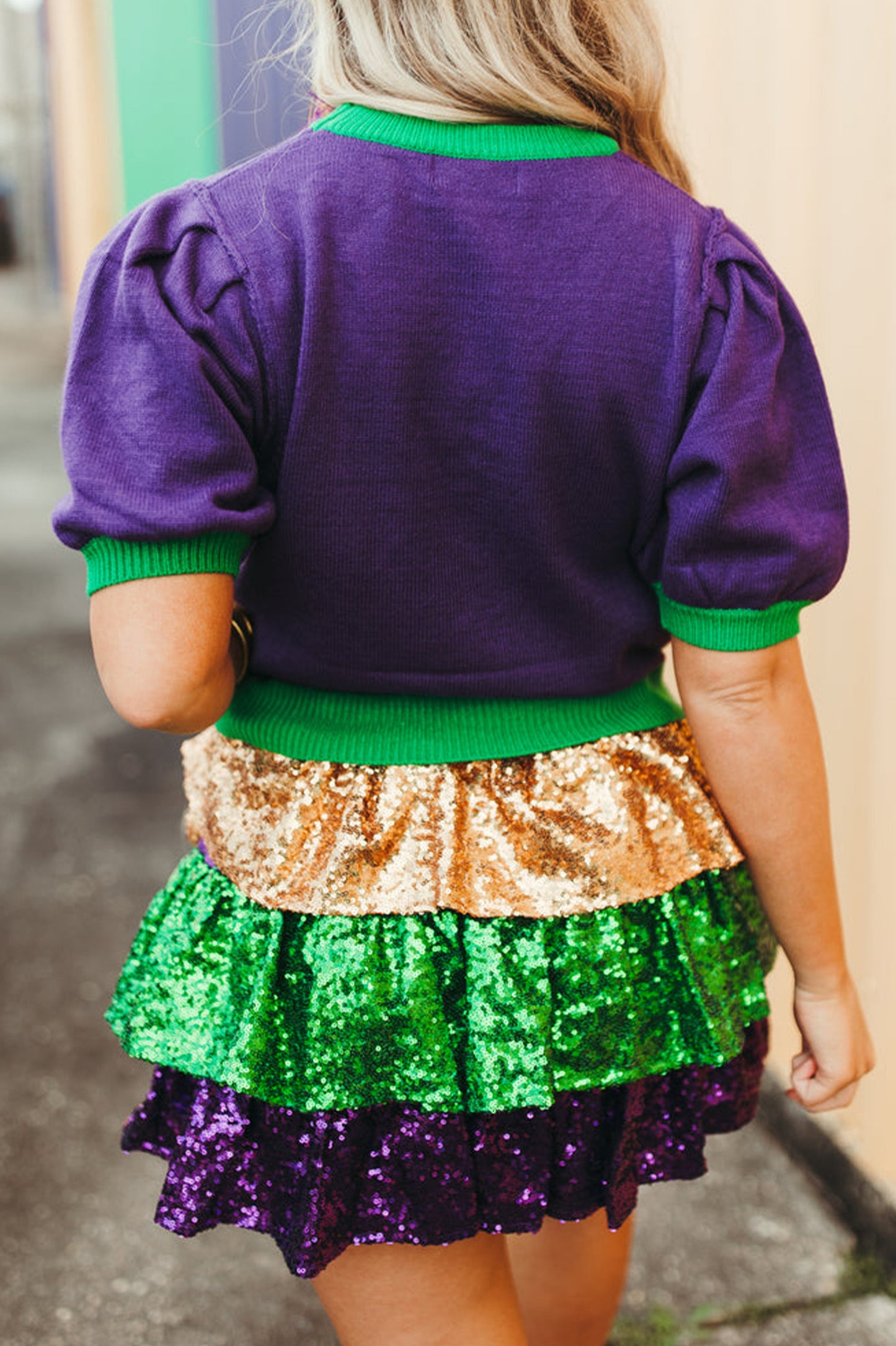 Purple Mardi Gras Tinsel Short Sleeve Sweater