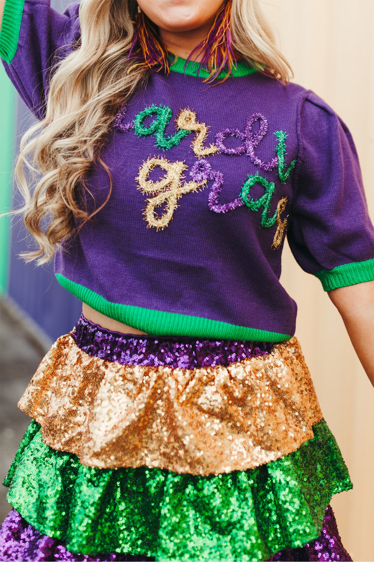 Purple Mardi Gras Tinsel Short Sleeve Sweater