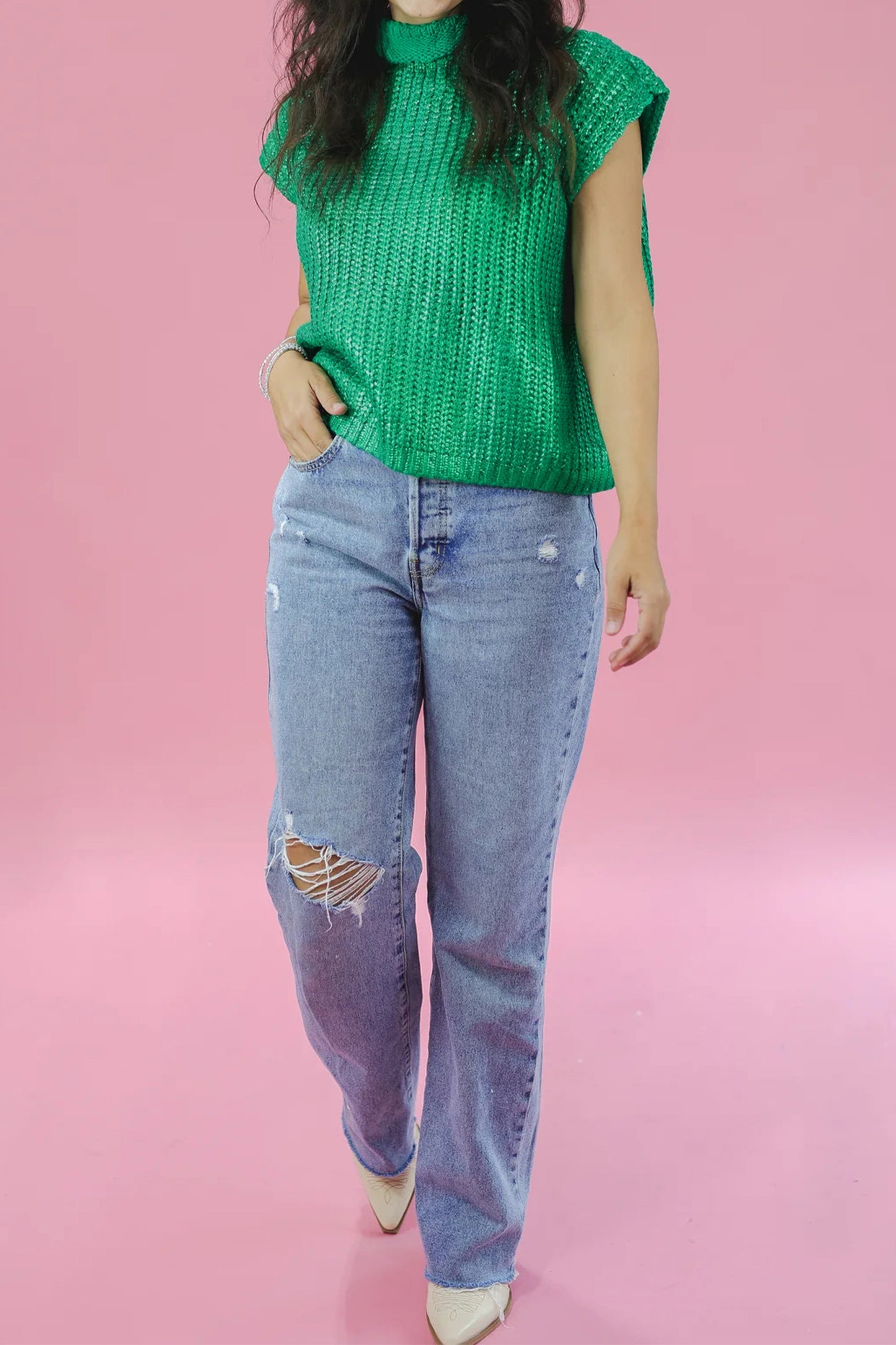Bright Green High Neck Sleeveless Sweater
