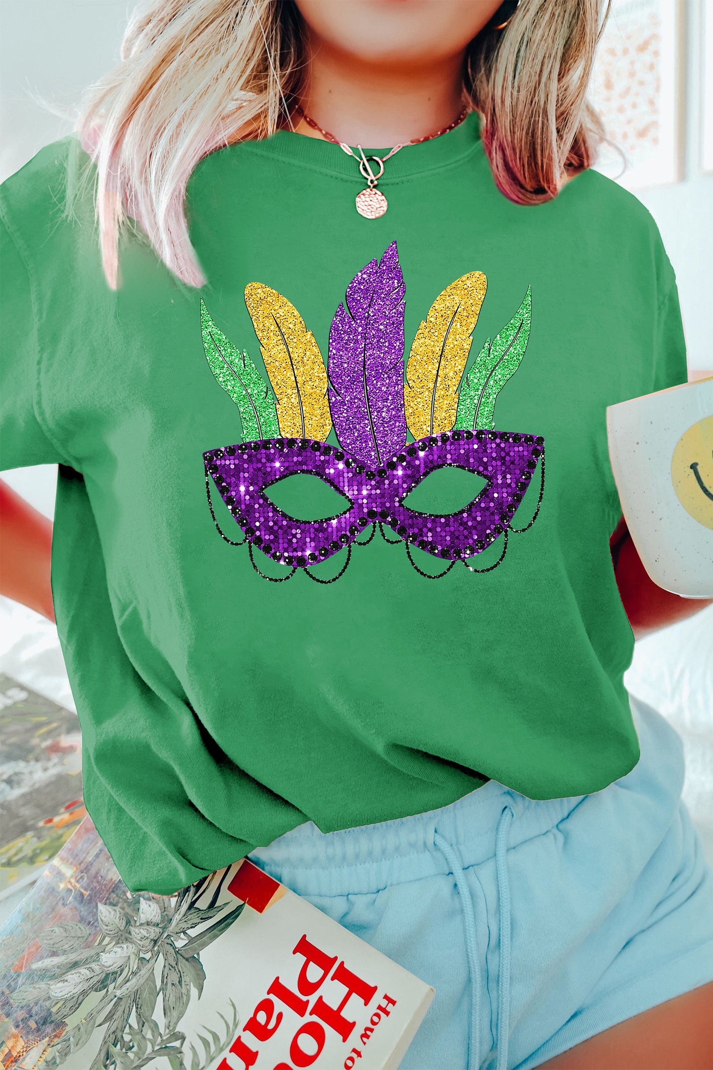 Bright Green Glitter Print Mardi Gras Mask Tee