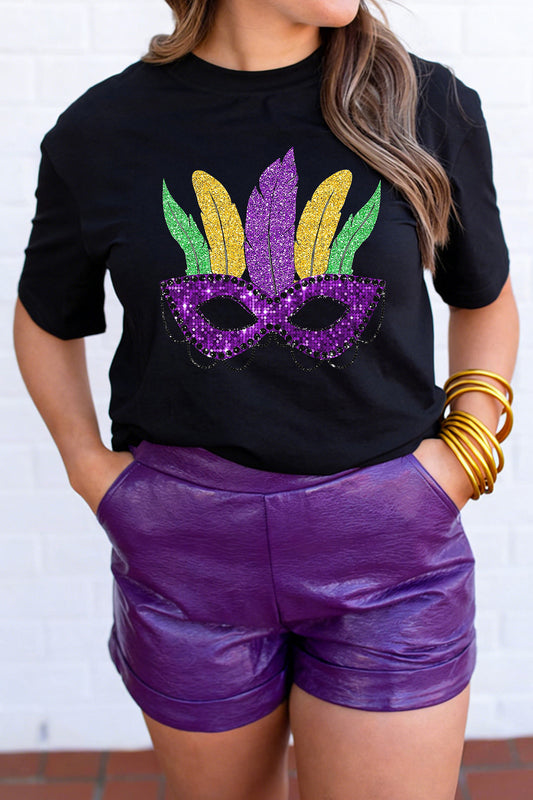 Black Glitter Print Mardi Gras Mask Tee