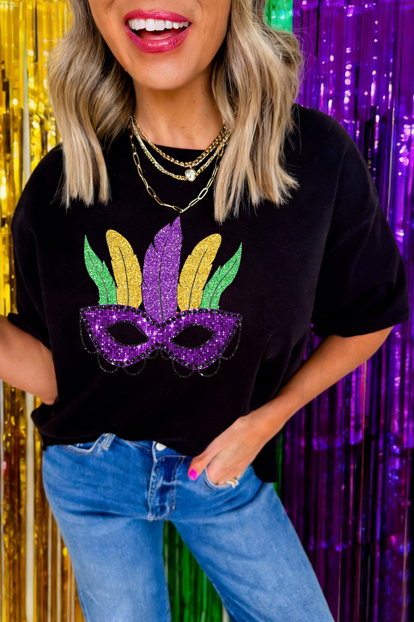 Black Glitter Print Mardi Gras Mask Tee