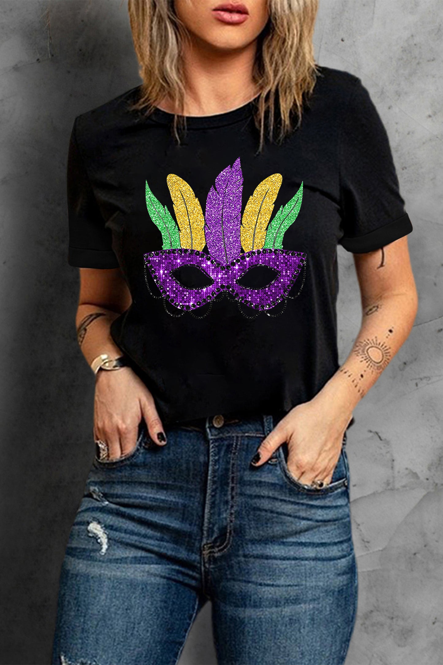 Black Glitter Print Mardi Gras Mask Tee