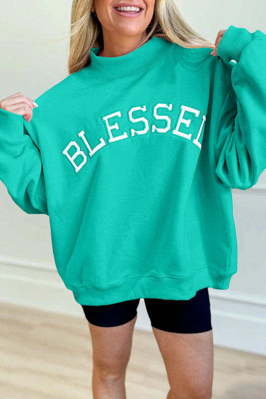 Teal BLESSED Embroidered Mockneck