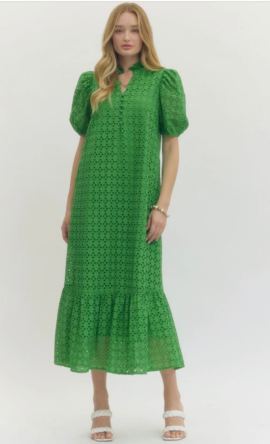 Green Eyelet Puff Sleeve Midi Dress