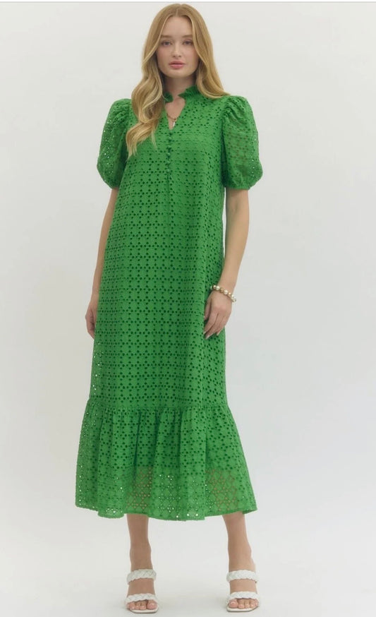 Green Eyelet Puff Sleeve Midi Dress
