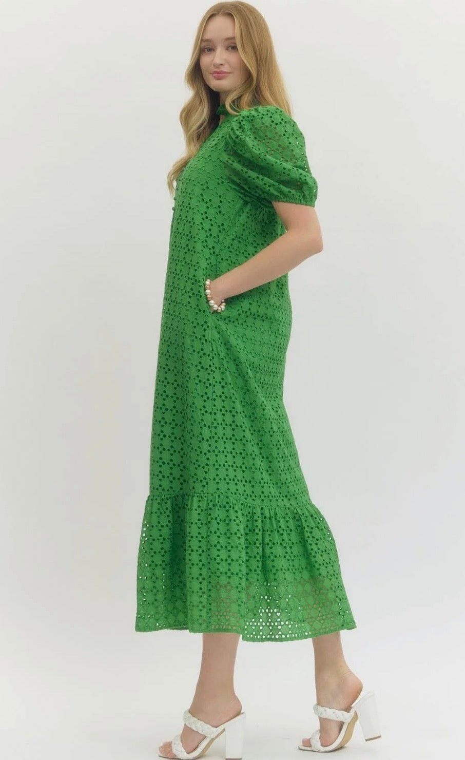 Green Eyelet Puff Sleeve Midi Dress