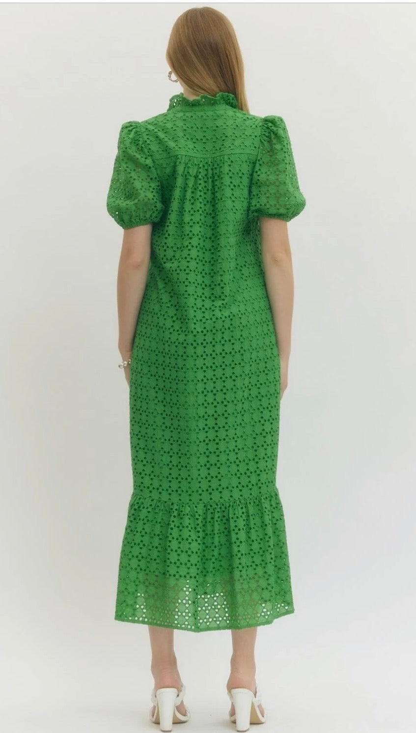Green Eyelet Puff Sleeve Midi Dress