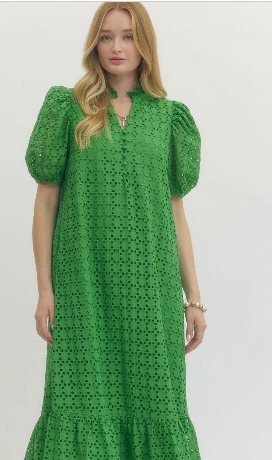 Green Eyelet Puff Sleeve Midi Dress