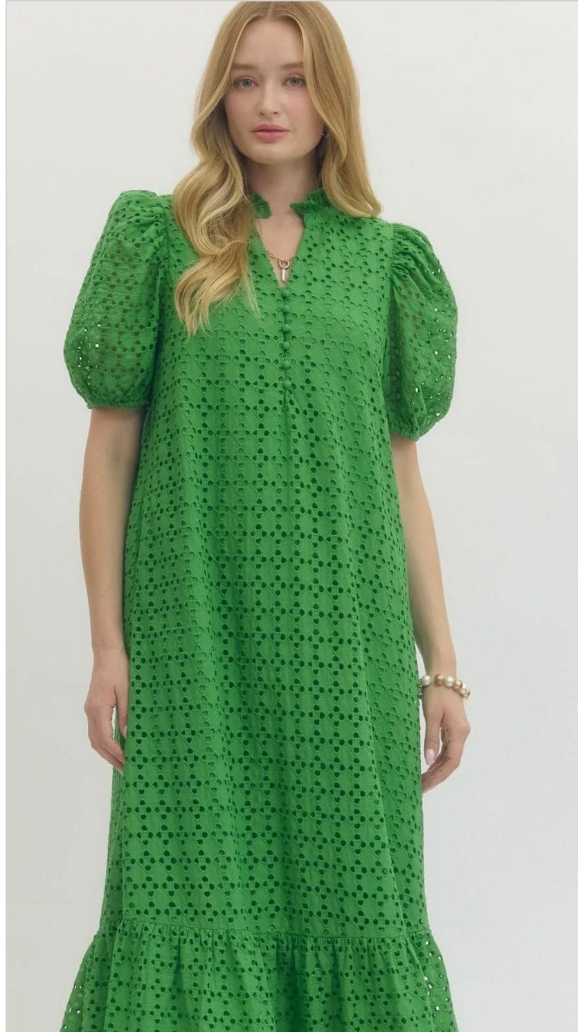 Green Eyelet Puff Sleeve Midi Dress