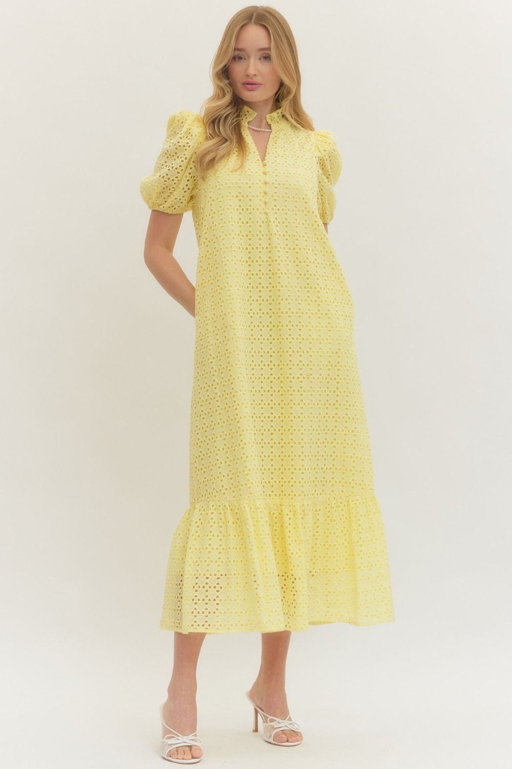 Yellow Eyelet Puff Sleeve Midi Dress