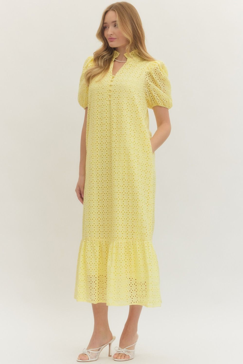 Yellow Eyelet Puff Sleeve Midi Dress