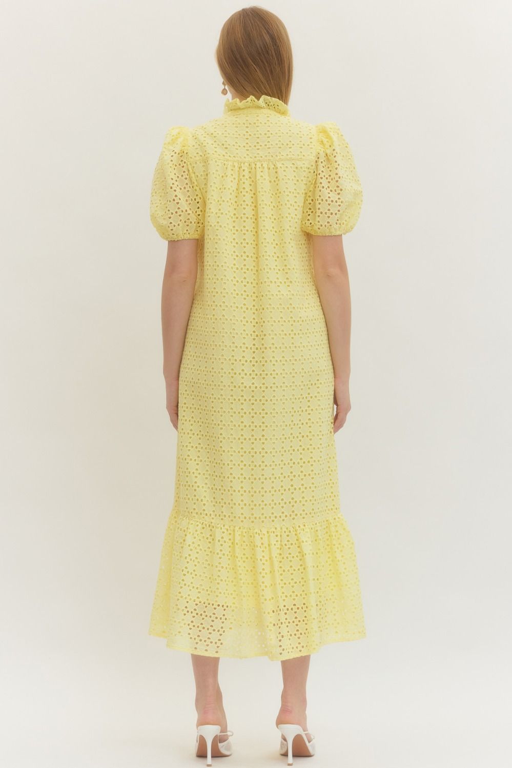 Yellow Eyelet Puff Sleeve Midi Dress