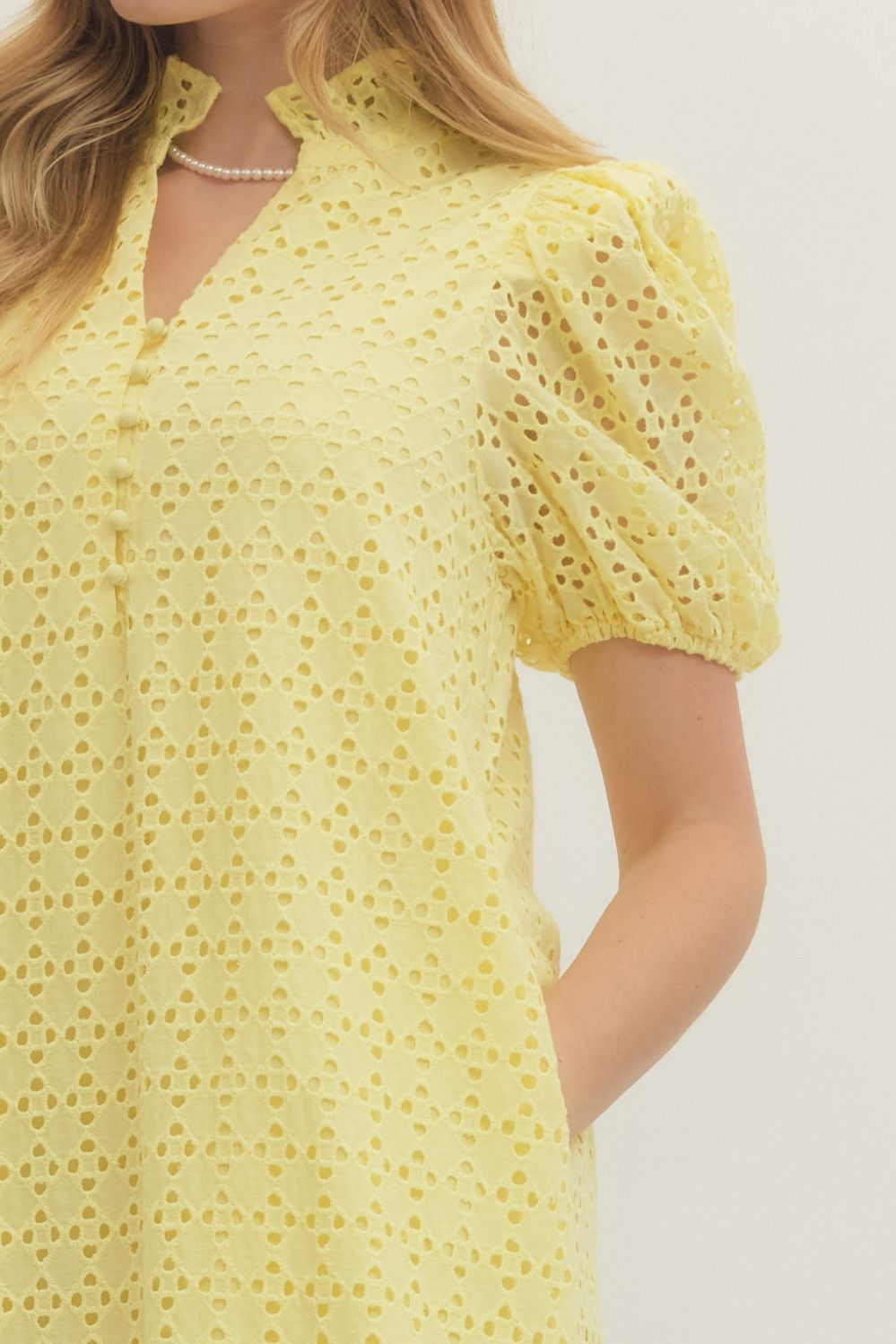 Yellow Eyelet Puff Sleeve Midi Dress