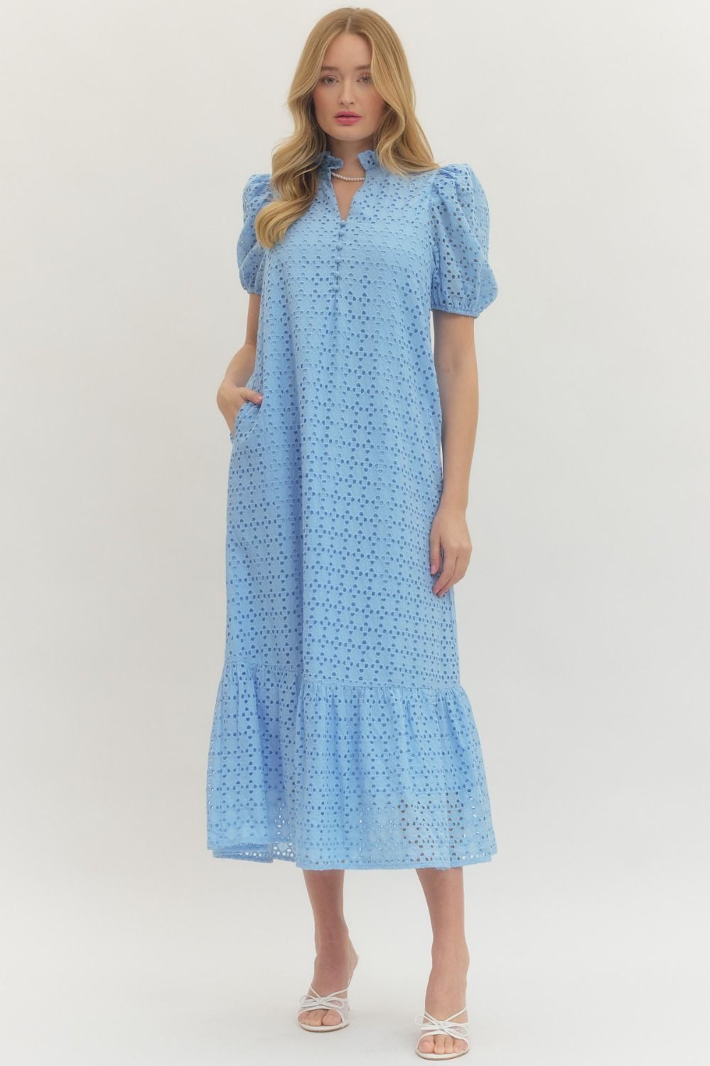 Light Blue Eyelet Puff Sleeve Midi Dress