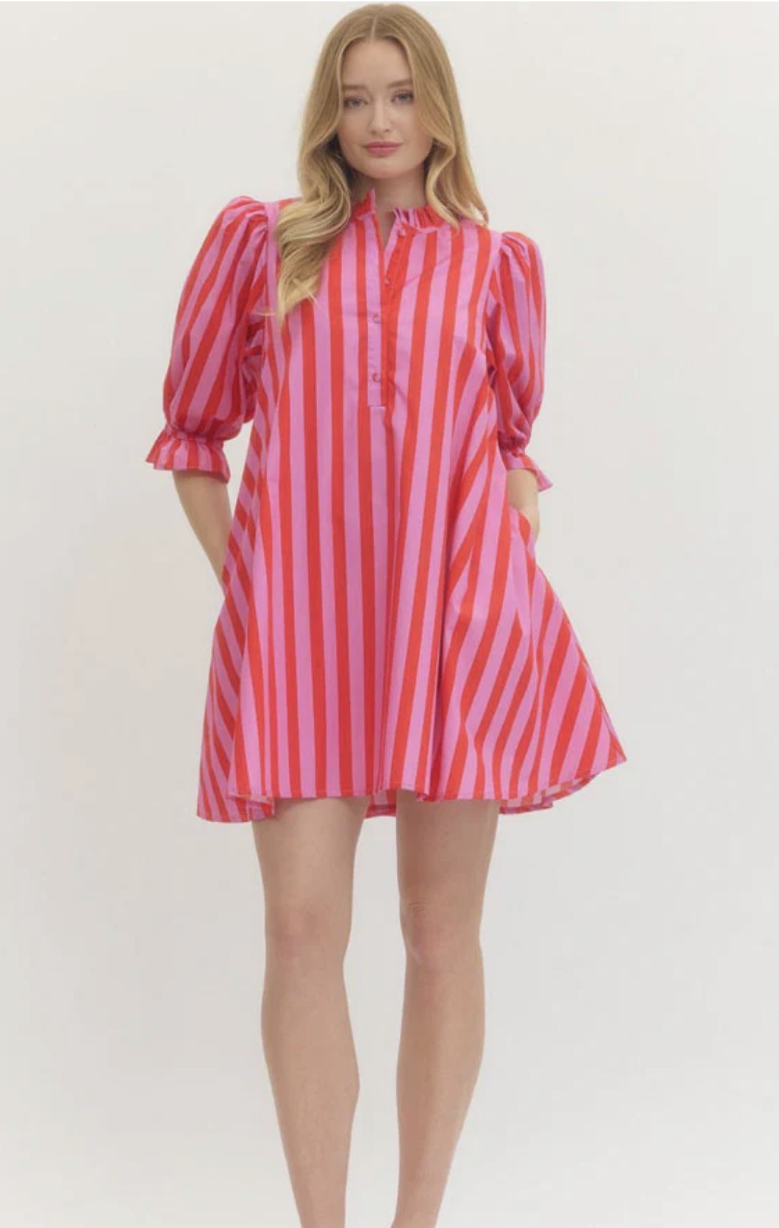 Striped 3/4 Puff Sleeve Mini Dress in Pink