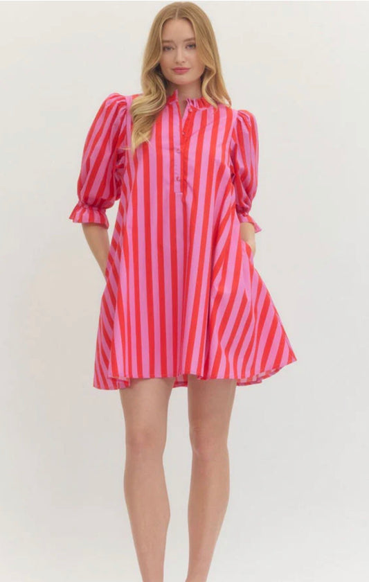Striped 3/4 Puff Sleeve Mini Dress in Pink