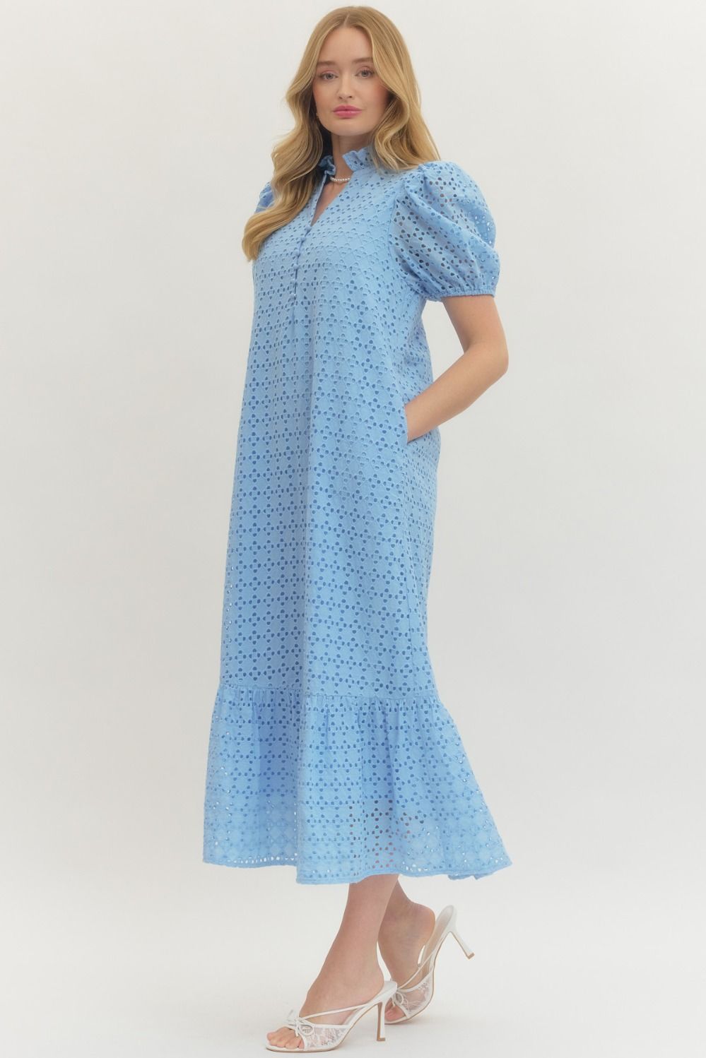 Light Blue Eyelet Puff Sleeve Midi Dress