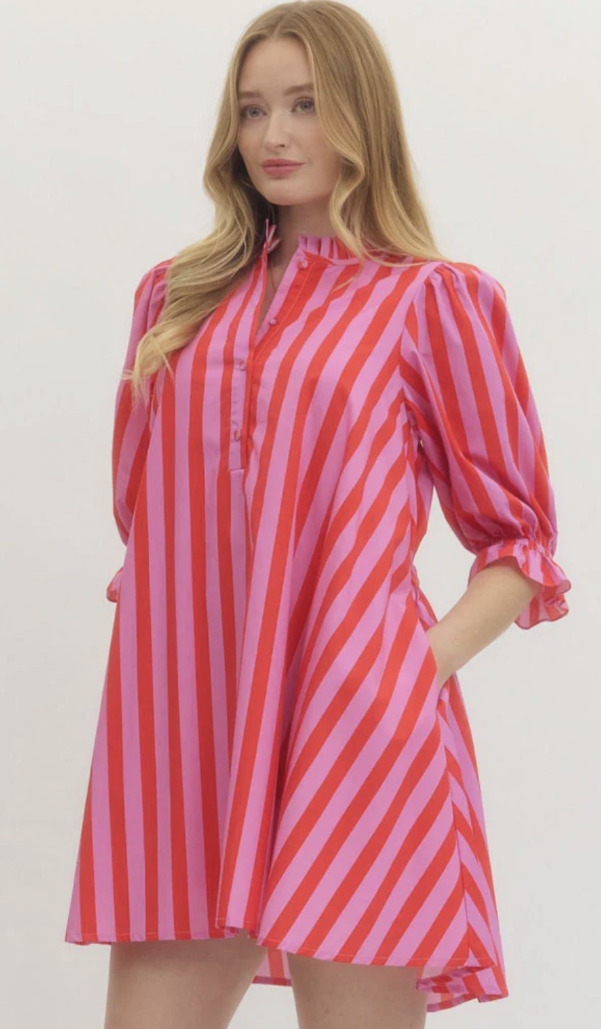 Striped 3/4 Puff Sleeve Mini Dress in Pink