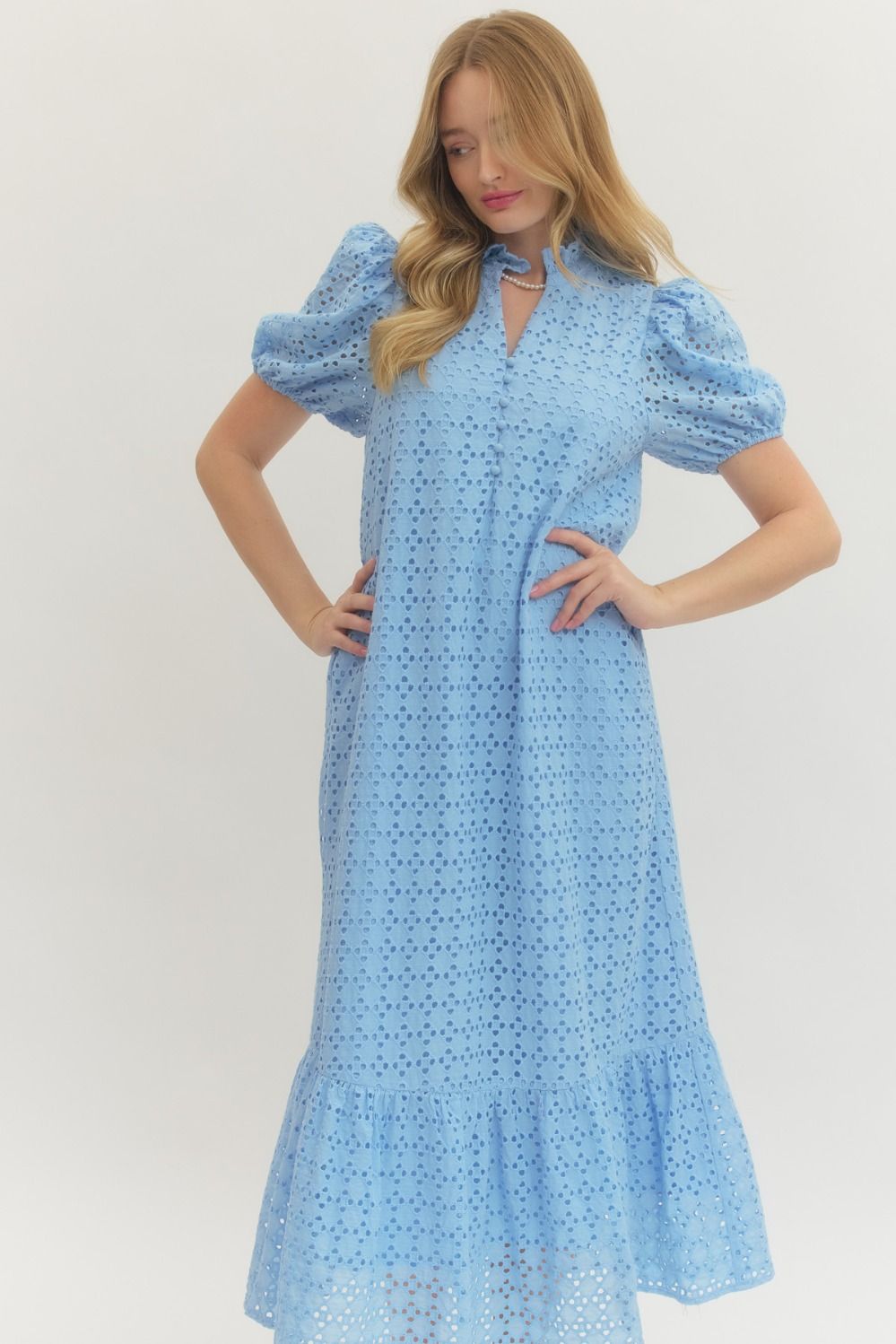 Light Blue Eyelet Puff Sleeve Midi Dress