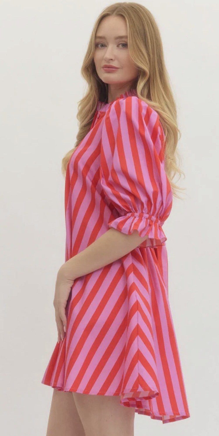 Striped 3/4 Puff Sleeve Mini Dress in Pink