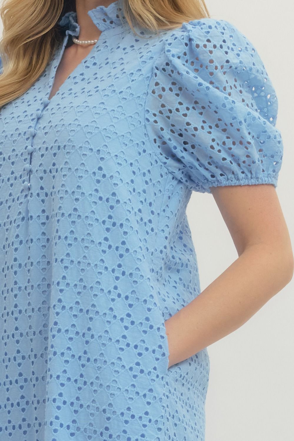 Light Blue Eyelet Puff Sleeve Midi Dress