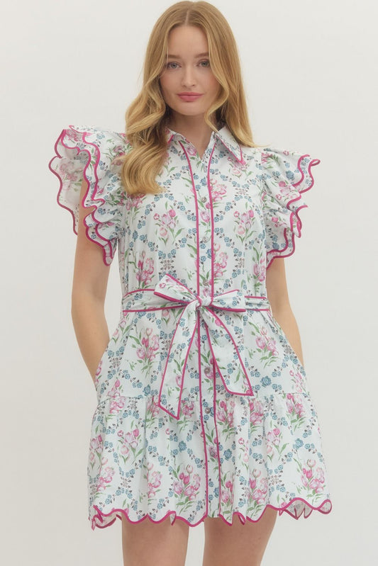 Floral Print Flutter Sleeve Mini Dress