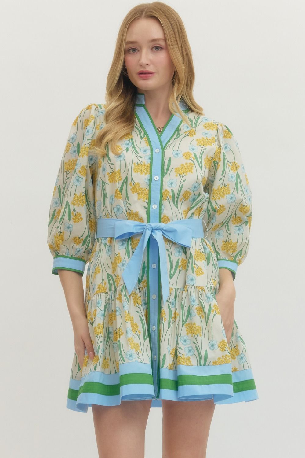 Lemon Floral Print 3/4 sleeve mini dress