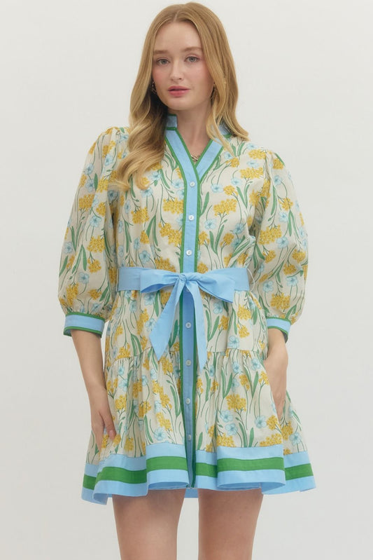 Lemon Floral Print 3/4 sleeve mini dress