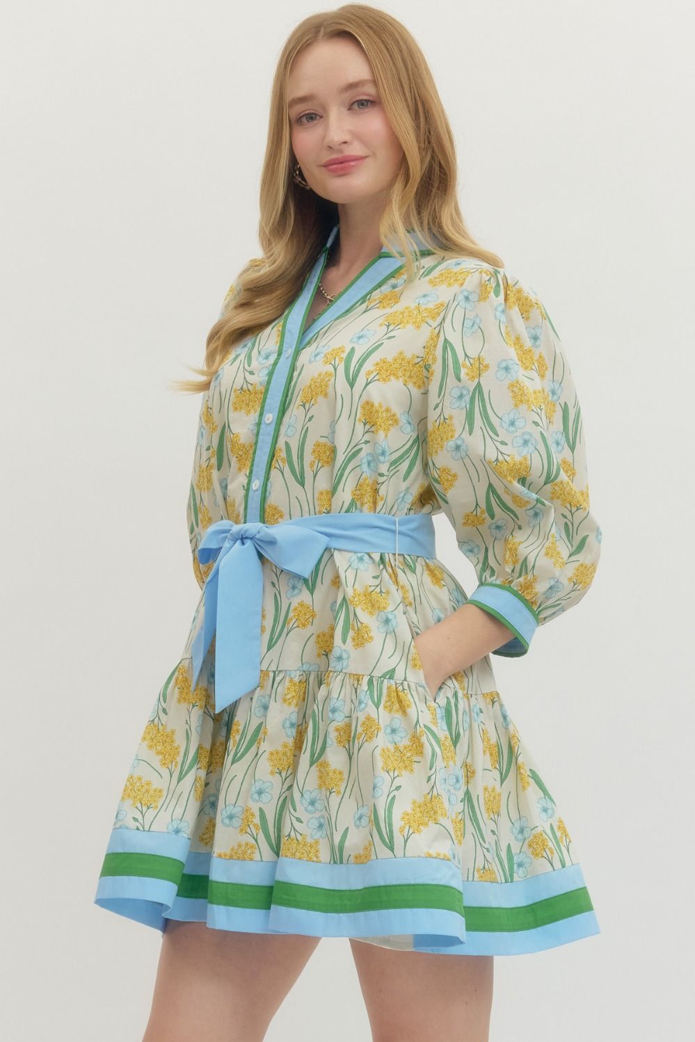Lemon Floral Print 3/4 sleeve mini dress