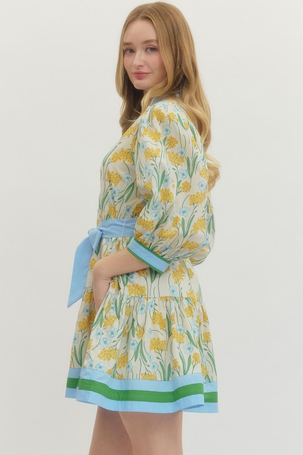 Lemon Floral Print 3/4 sleeve mini dress