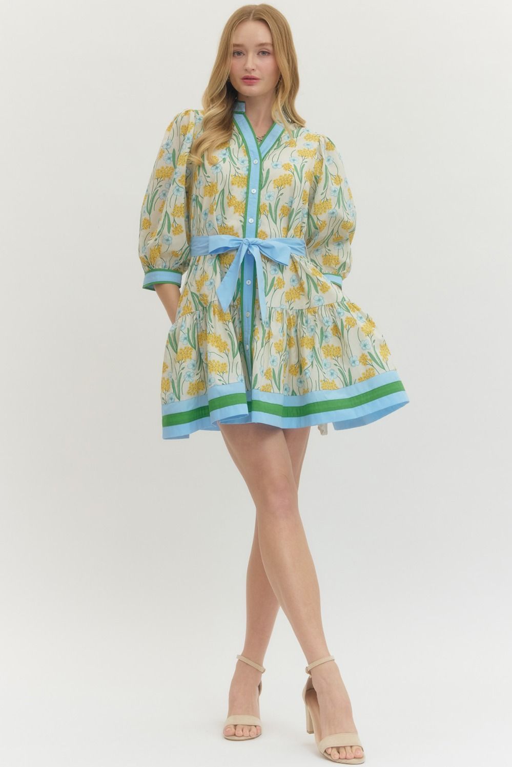 Lemon Floral Print 3/4 sleeve mini dress