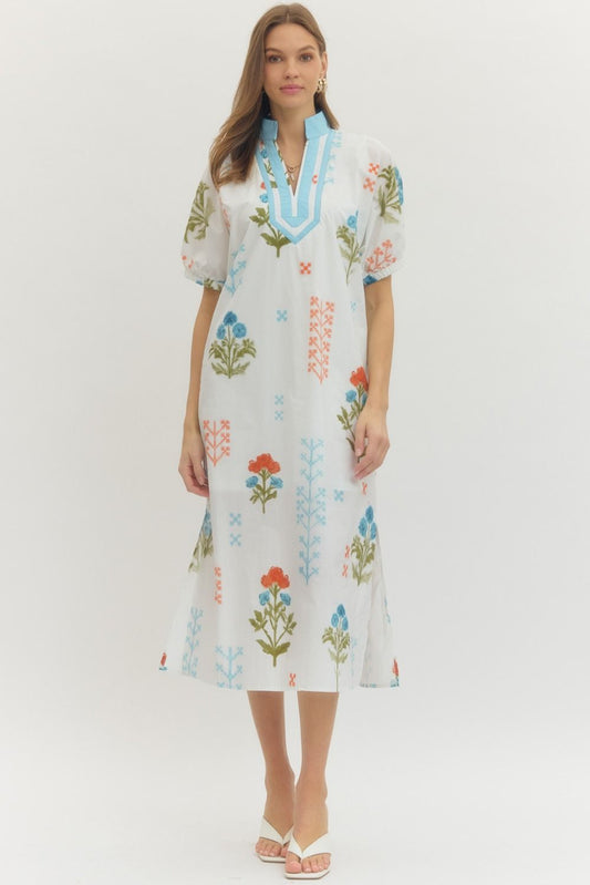 White Floral Print Midi Dress