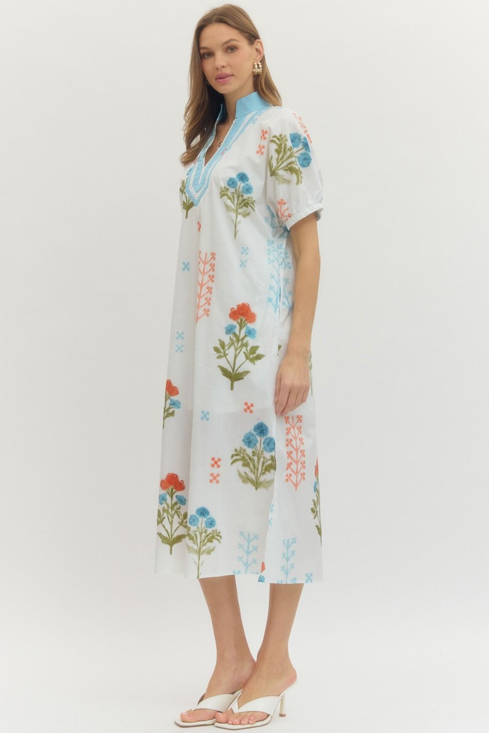 White Floral Print Midi Dress