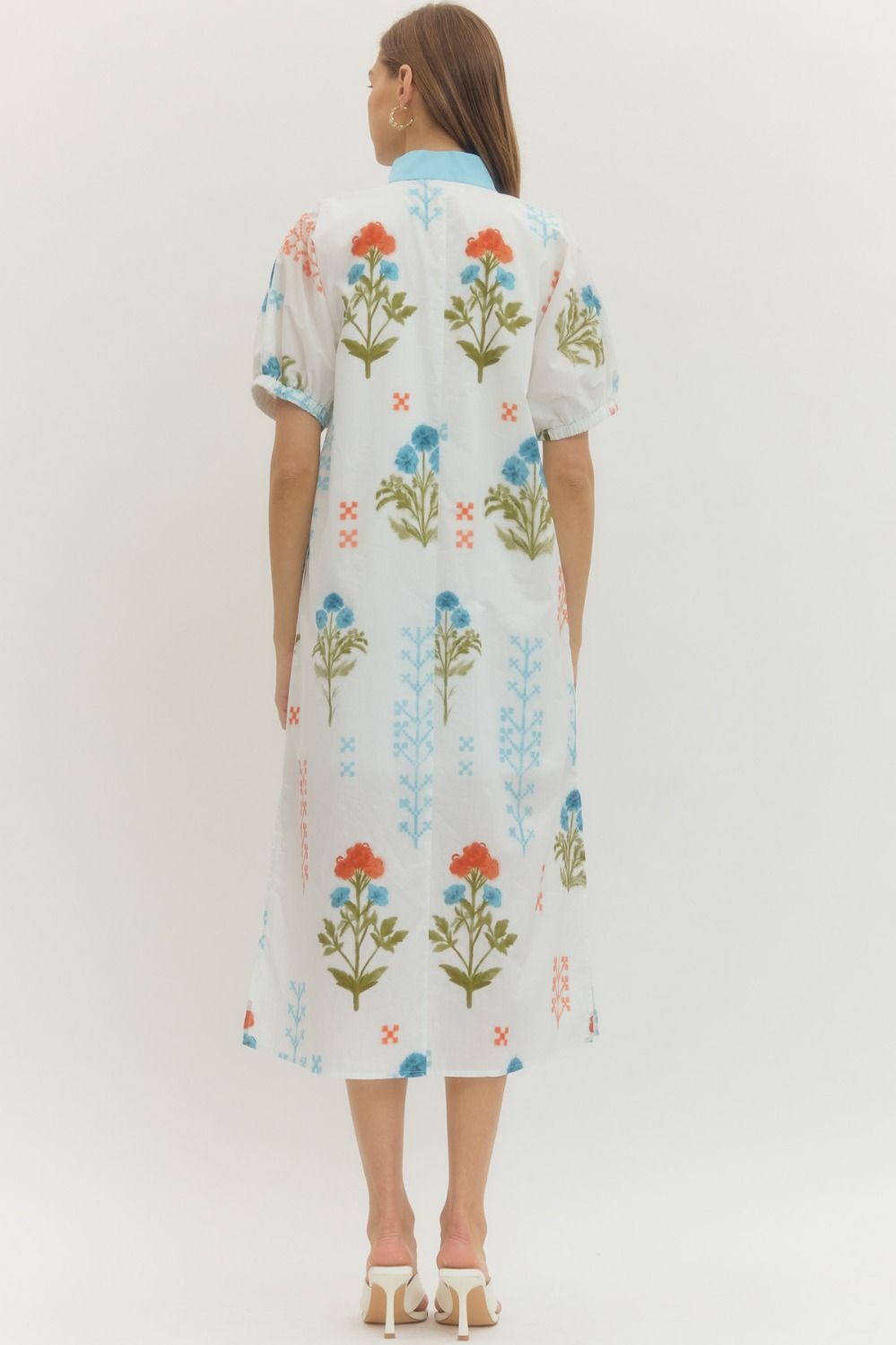 White Floral Print Midi Dress
