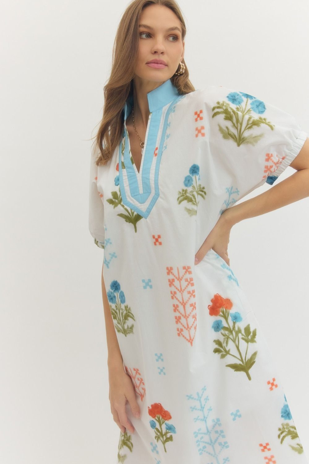 White Floral Print Midi Dress