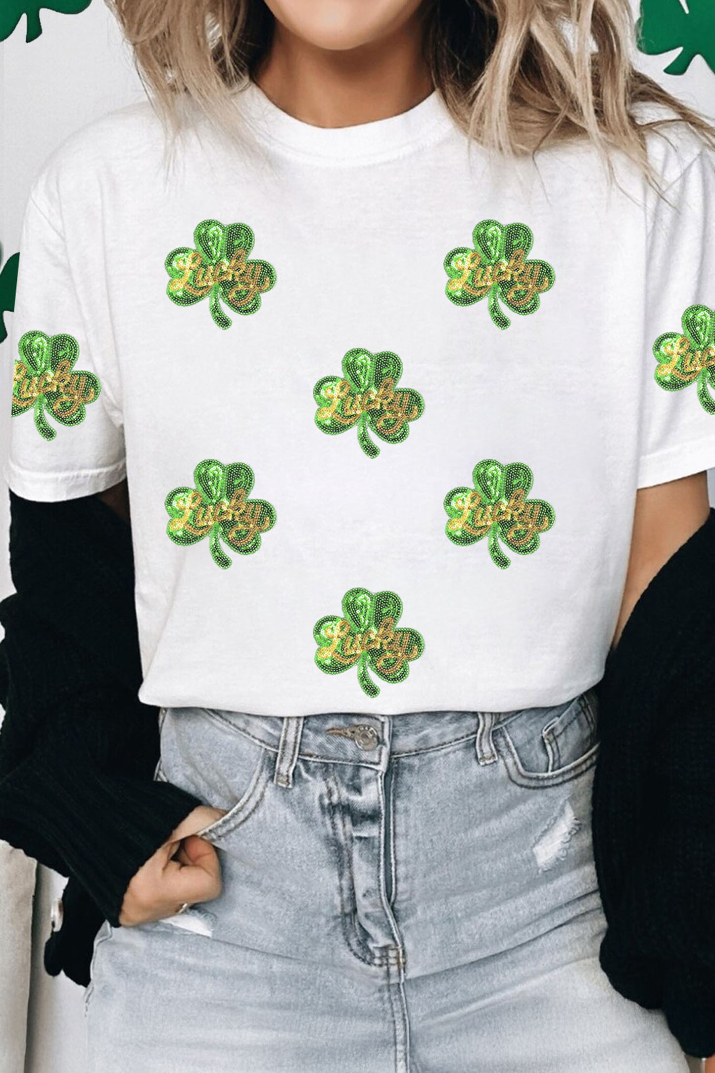 White Sequin Lucky Clover Tee