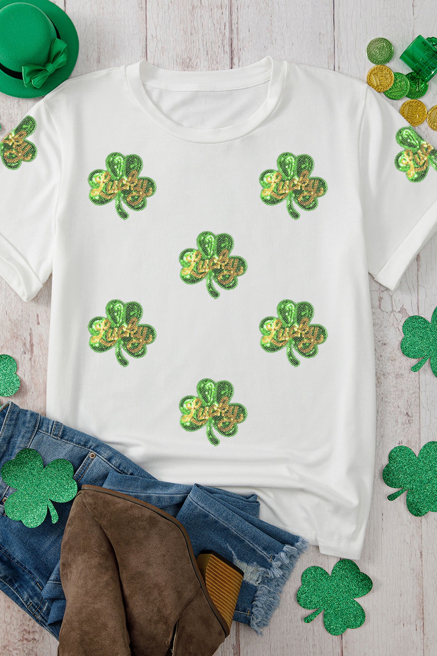 White Sequin Lucky Clover Tee