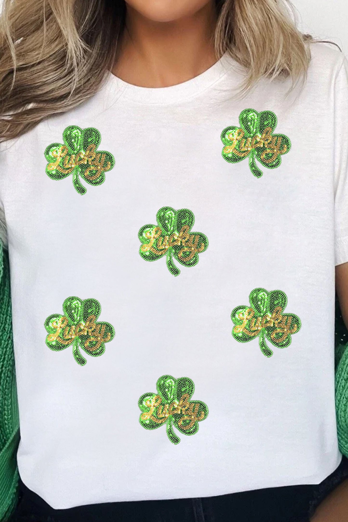 White Sequin Lucky Clover Tee