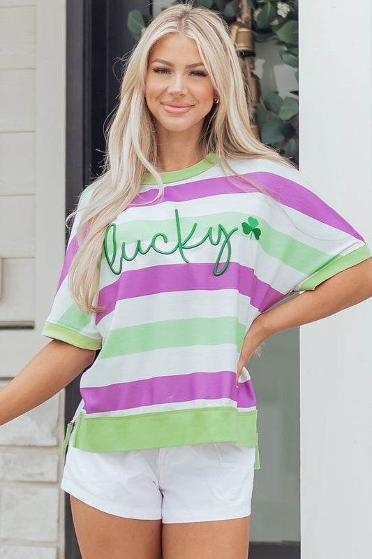 Green Stripe Lucky Clover Embroidered Tee