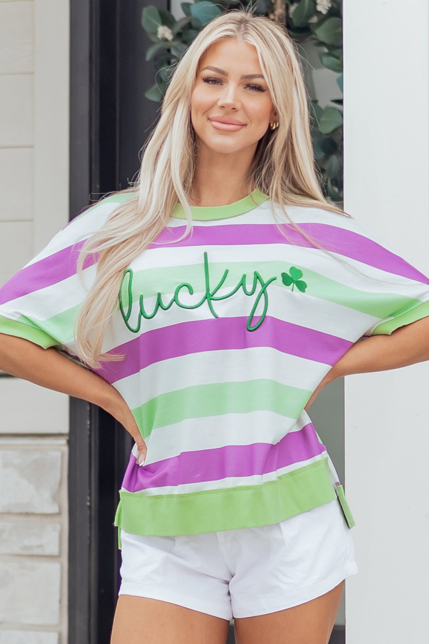 Green Stripe Lucky Clover Embroidered Tee
