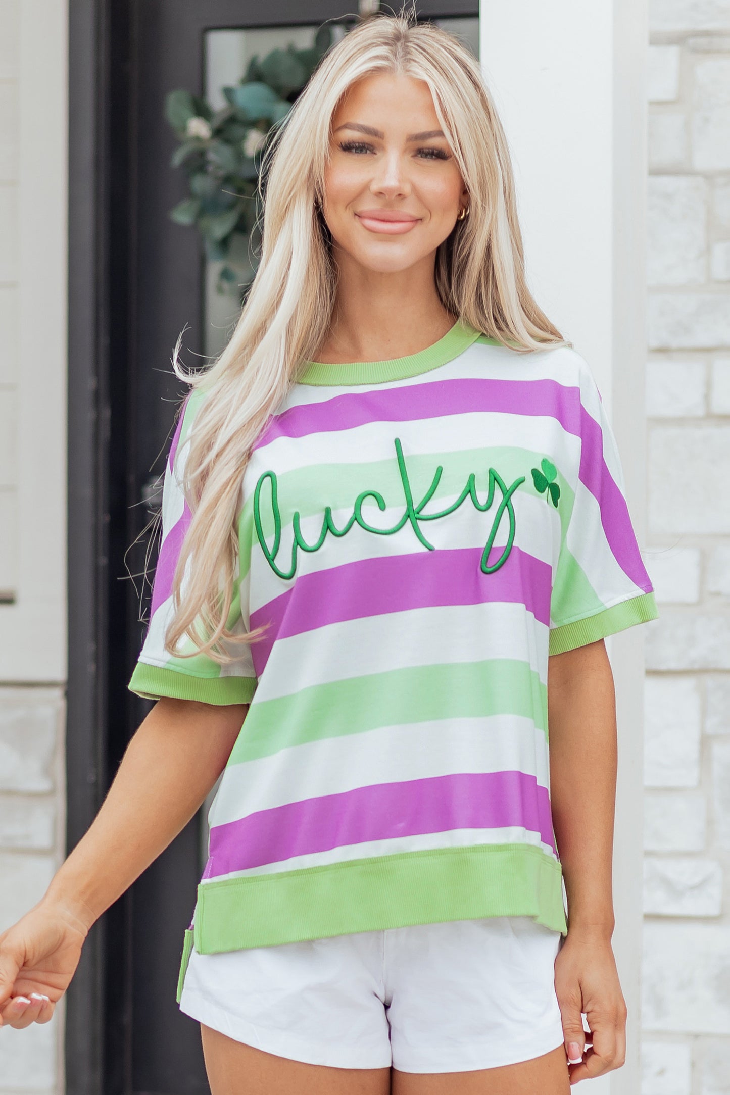 Green Stripe Lucky Clover Embroidered Tee